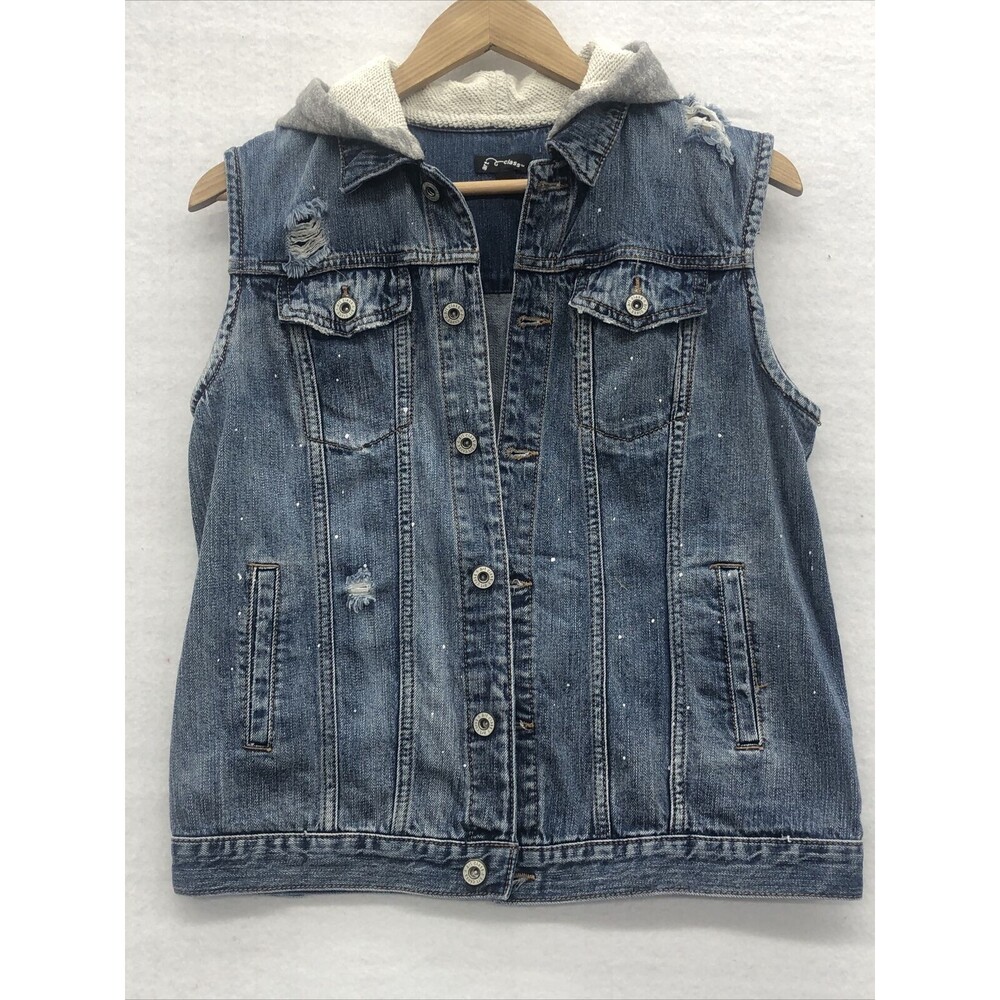Art Class Denim Vest Junior Size Large Hood Distressed Button Front Casual Trend